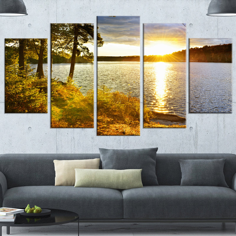 « magnifique view of coucher de soleil over lake », ensemble de 5 reproductions de photos sur toiles tendues