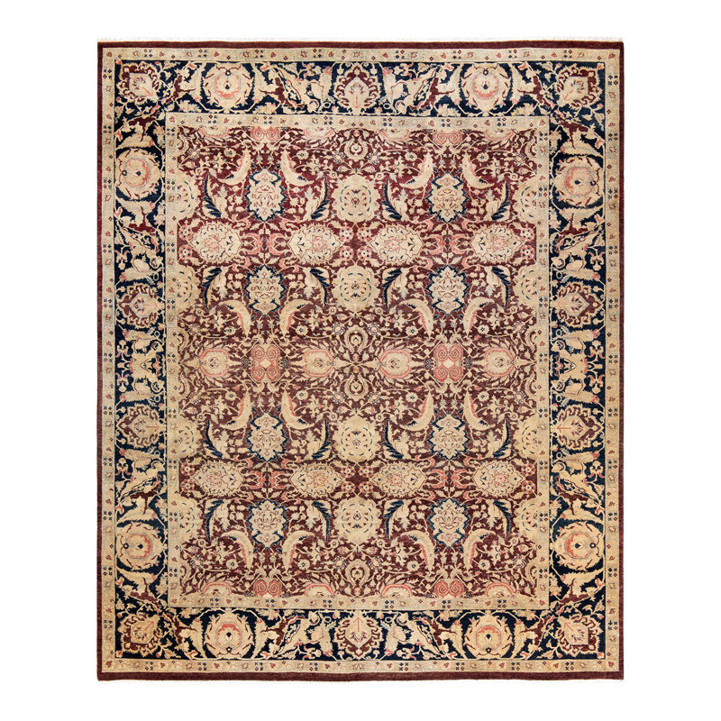 Tapis rouge / noir / beige noué à la main de conception unique 8 pi 1 po x 9 pi 9 po Hayner