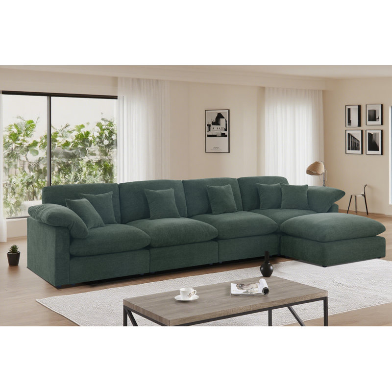 153"Oversize L-Shaped Module Sectional Couch Chenille Fabric Cloud Sofa with Removable Ottoman&Cushion Green, Green Chenille