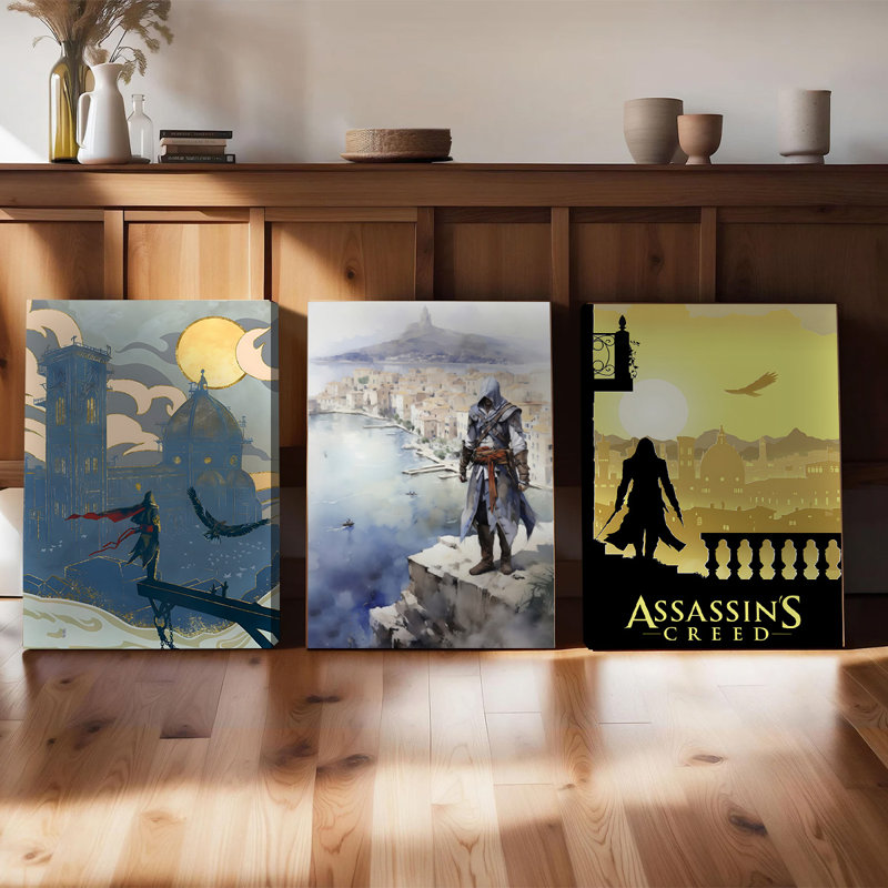 Ensemble de 3 affiches encadrées sur toile, thème Assassin's Creed : personnages et paysages urbains stylés pour la décoration intérieure, œuvre d'art moderne pour salon, chambre ou bureau, cadeau unique pour les joueurs et les fans.
