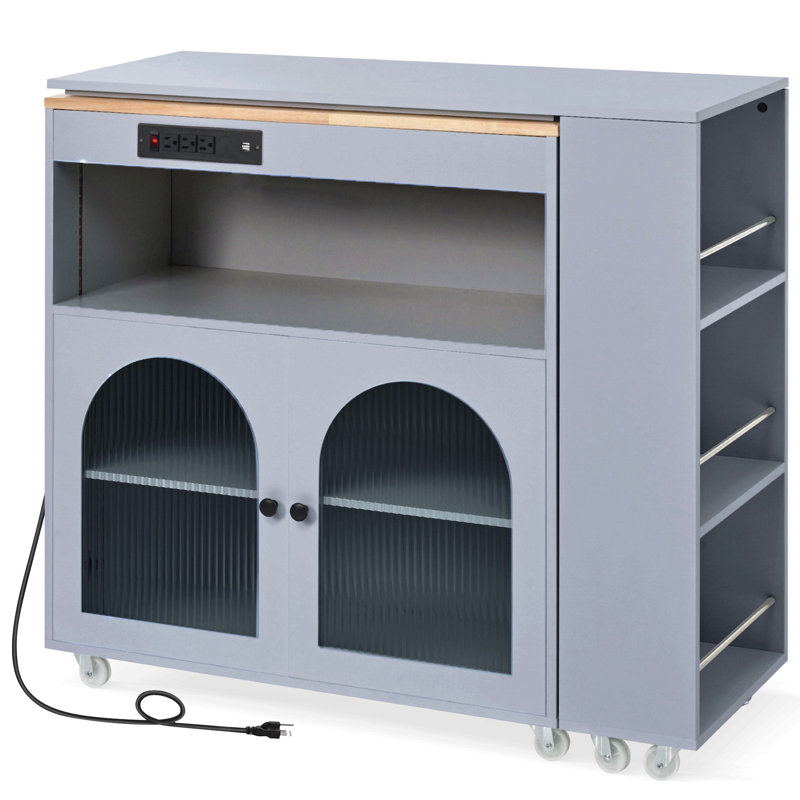 Îlot de cuisine roulant avec table allongée, îlot de cuisine sur roulettes avec lumières DEL, prises de courant et 2 portes en verre cannelé, îlot de cuisine avec compartiment de rangement et 3 tablettes ouvertes latérales, gris