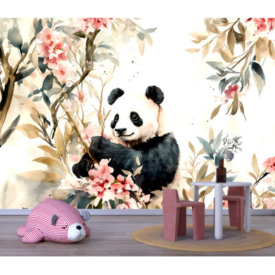Mignon panda avec des fleurs de cerisier - aquarelle murale pour enfants ou chambre de bébé