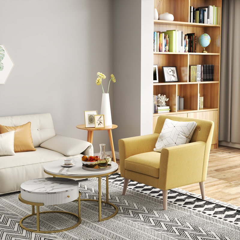 Round Nesting Coffee Table Set Of 2, Modern Side End Tables With Marble Pattern And Metal Frame, Modern Coffee Table With Hidden Compartment For Living Room, Apartment, Office