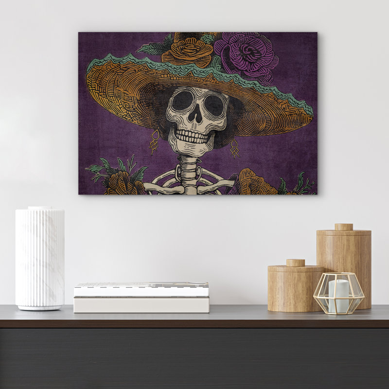 Décoration mauve squelette mauve portant un chapeau de crâne humain Moody, Toile tendue, H 24 po x l 36 po
