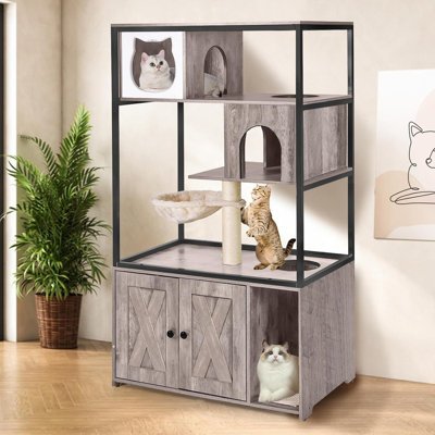 Cat Litter Box Enclosure Wooden Cat Washroom Furniture with Multiple Platforms Litter Box Furniture Hidden with Sisal Scratching Post and Soft Plush Hammock Indoor Cat House