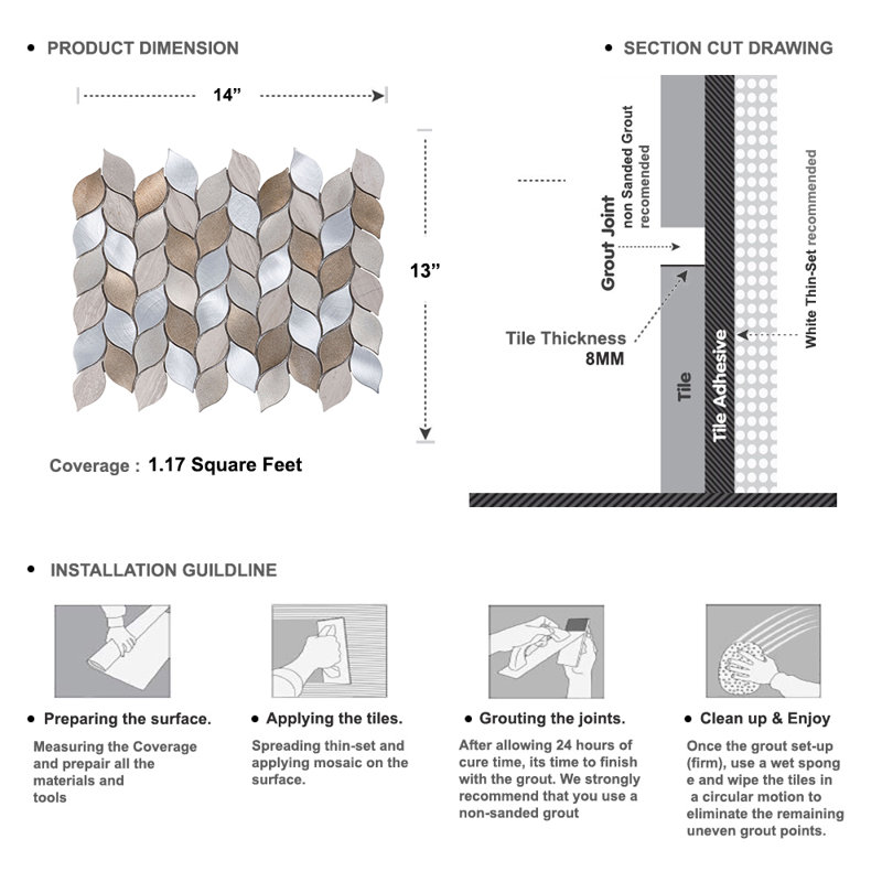 Earth Tone Gray Metal Aluminum  Natural Stone Blended Leaves Tear  Drop Pattern Mosaic Sheet Tile By Modket