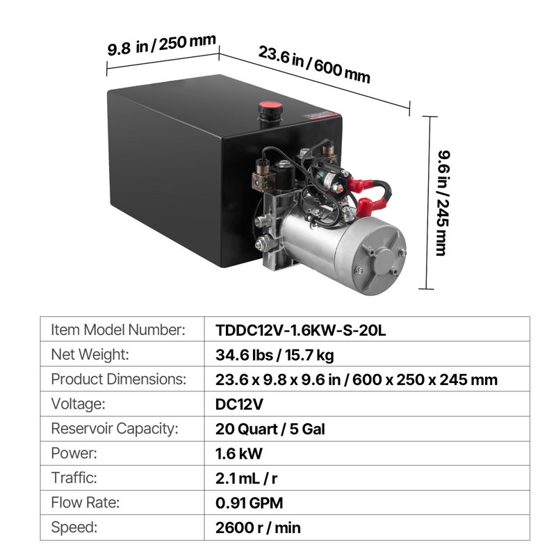 Unité hydraulique de 20 pintes, pompe de remorque à double effet, pression de surpression maximale de 3200 PSI et débit de 0,91 GPM, pompe hydraulique à courant continu de 12 V avec réservoir en métal pour le levage de la voiture