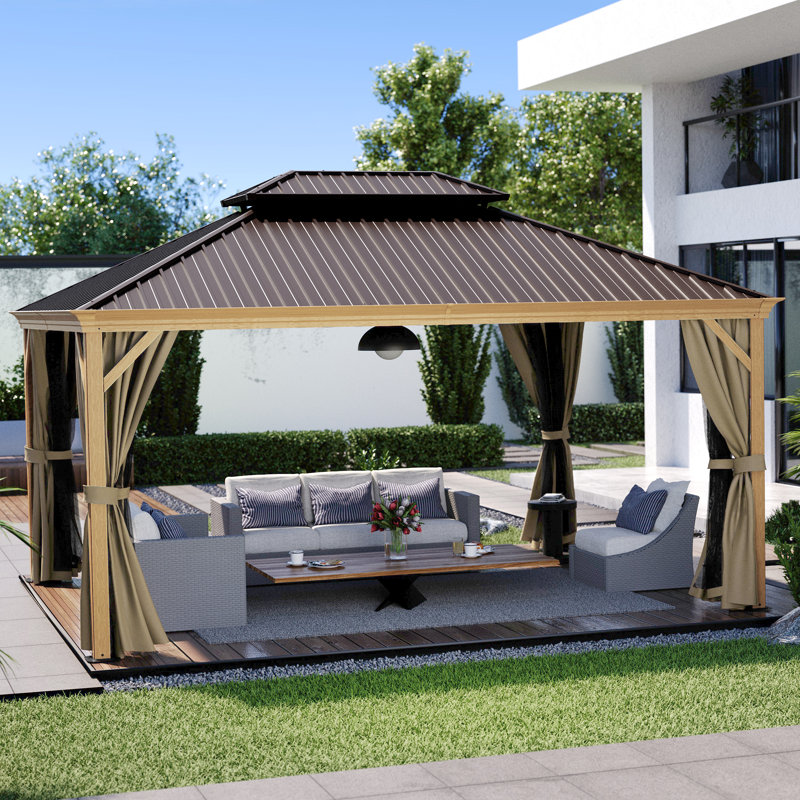 Aluminum Patio Gazebo, Gray/Brown, 12' W x 16' D, Wood Grain