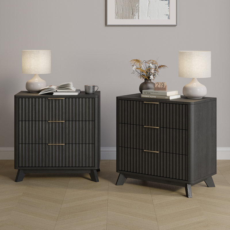Donati Fluted Nightstand With 3 Drawers, Black
