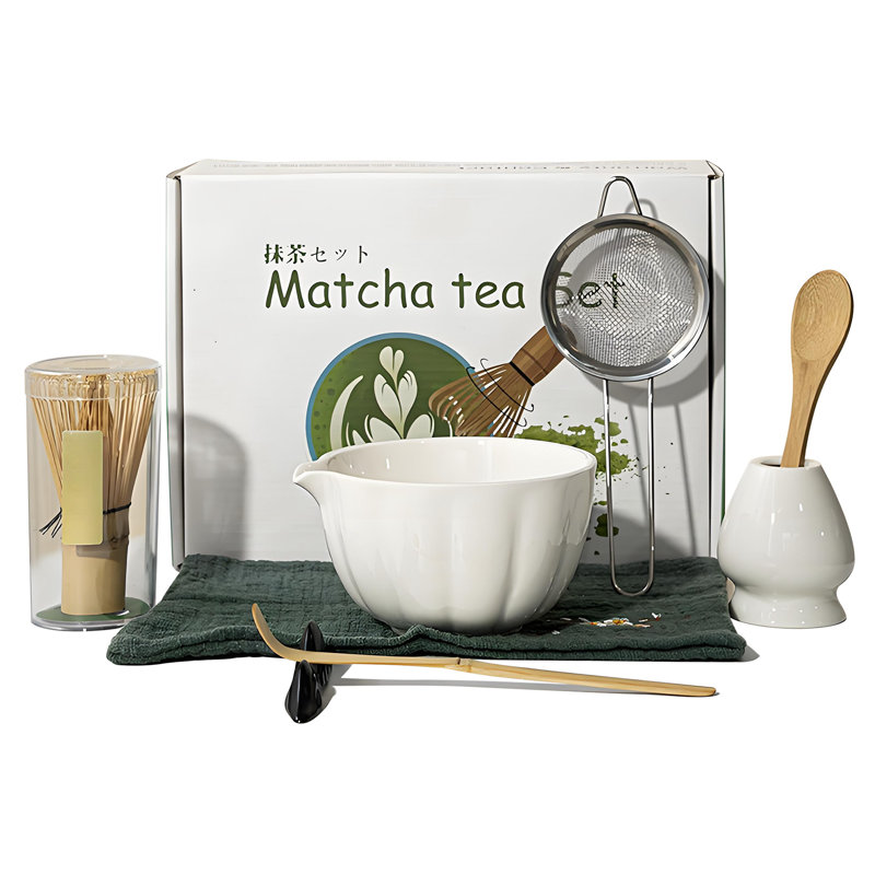 Ensemble matcha 8 pièces de qualité supérieure avec bol en céramique et fouet en bambou - ensemble complet pour débutants (blanc)