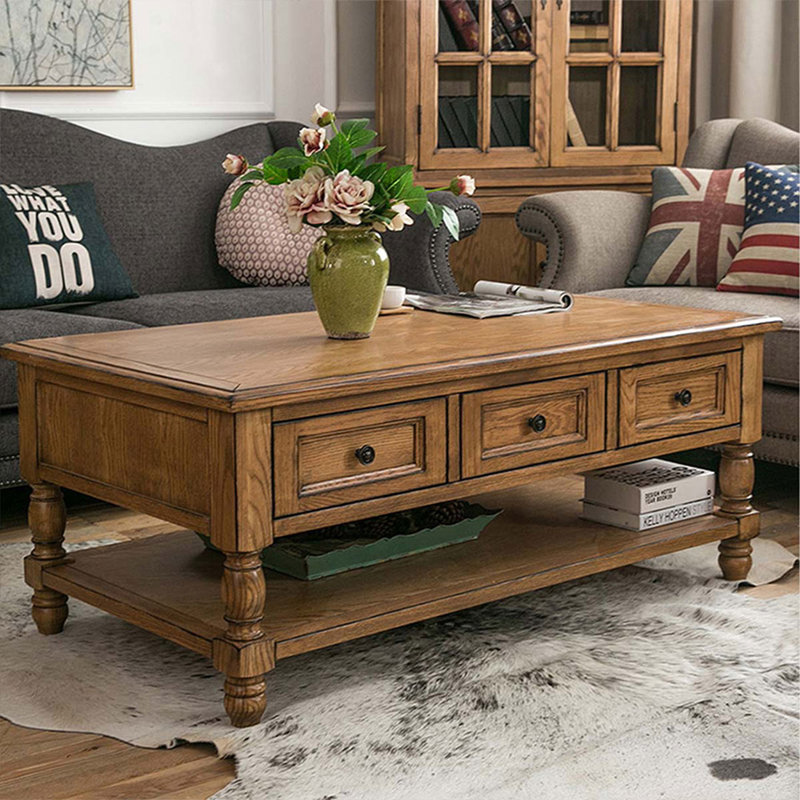 Retro Solid Wood Rectangular Coffee Table, Brown