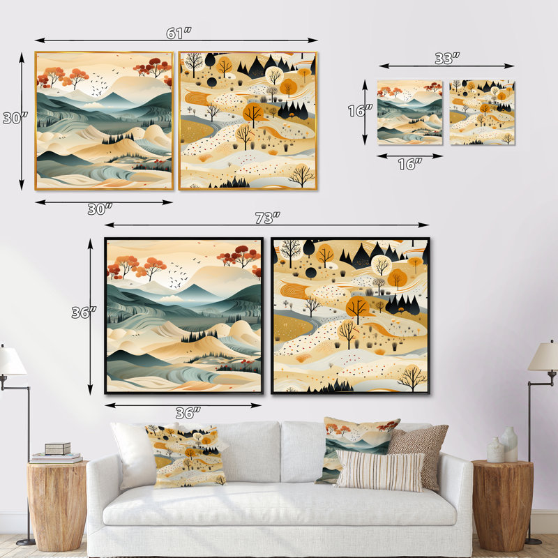 Marcellius - Ensemble de 2 collages carrés de paysages abstraits, Cadre flottant doré, H 16 po x l 33 po