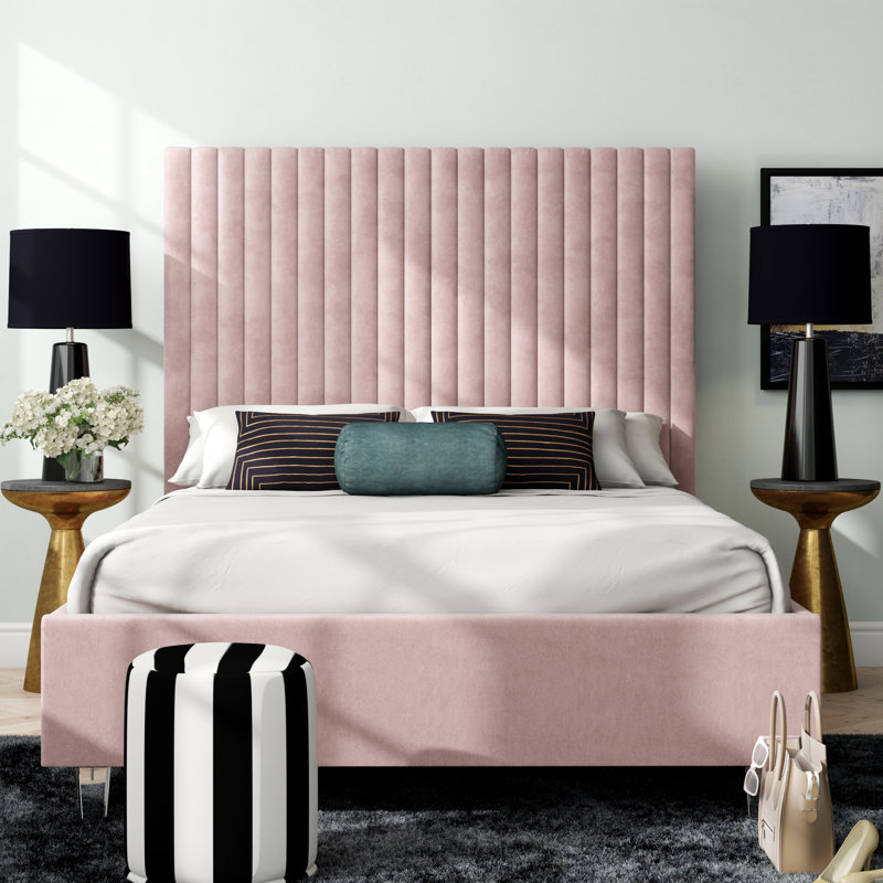 Upholstered Platform Bed, King, Pink Velvet