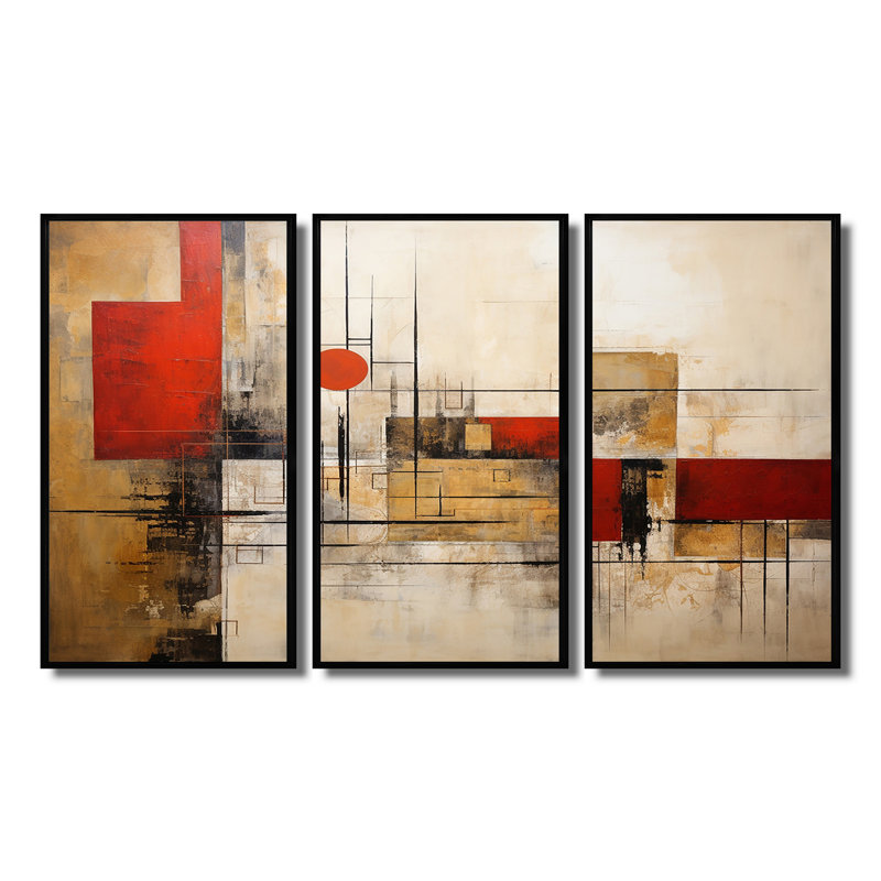Red Moon Gold Cubist Abstract - ensemble de reproductions d'art géométriques murales, Cadre flottant noir