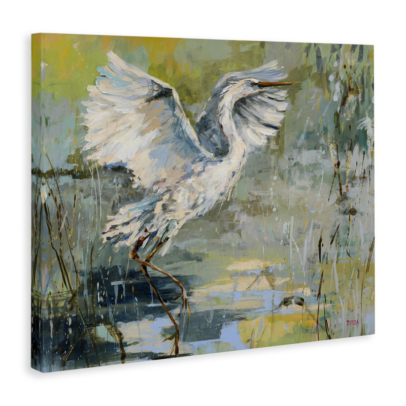 Grue rayonnante sur toile, signée Dusza, H 16 po x l 20 po