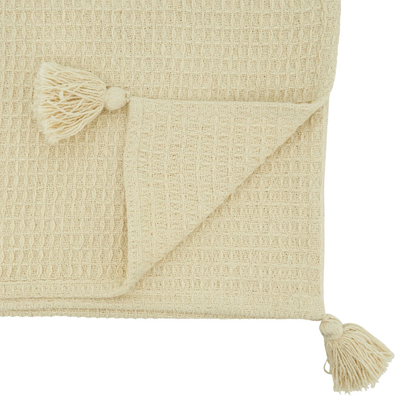 Beige Cotton Waffle Weave Table Runner with Tassels