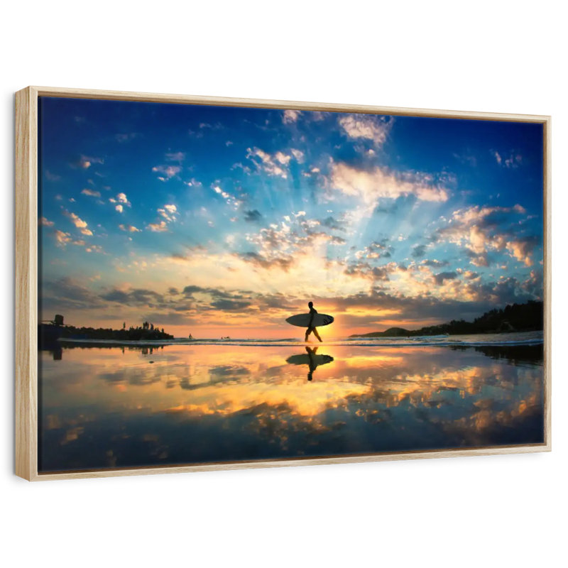 Sunset Surfer Reflection, 25" X 17", Floating Frame Natural Wood