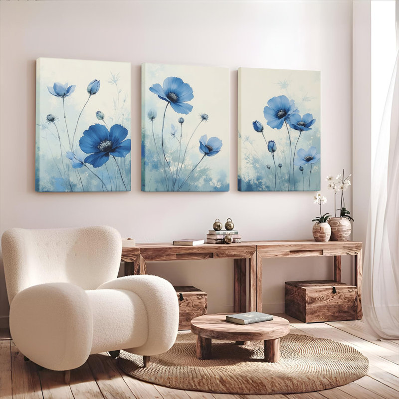 Tableau mural sur toile à motif floral de coquelicots bleus (paquet de 3), H 36 po x l 72 po
