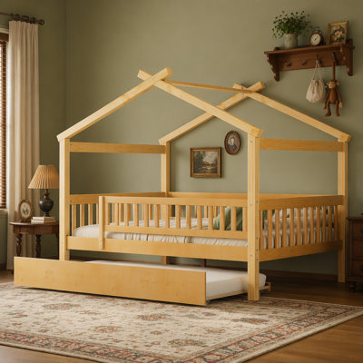 Lit double en bois pleine grandeur avec lit gigogne simple, conception imaginative pour enfants, robuste et peu encombrante