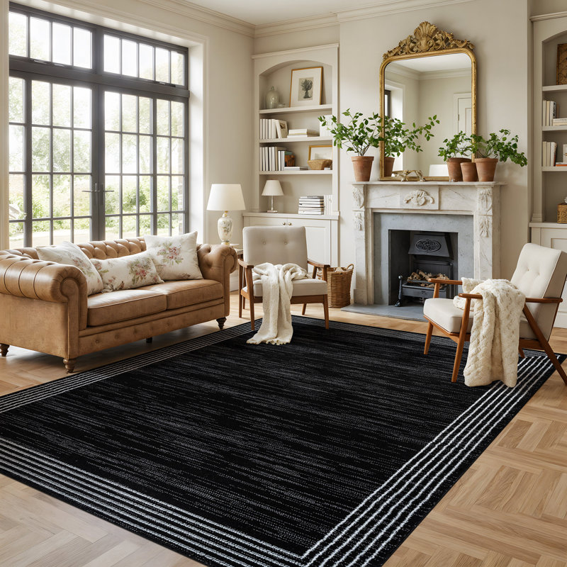 Tapis tissé à motif géométrique noir / ivoire, Rectangle 7 pi 10 po x 10 pi
