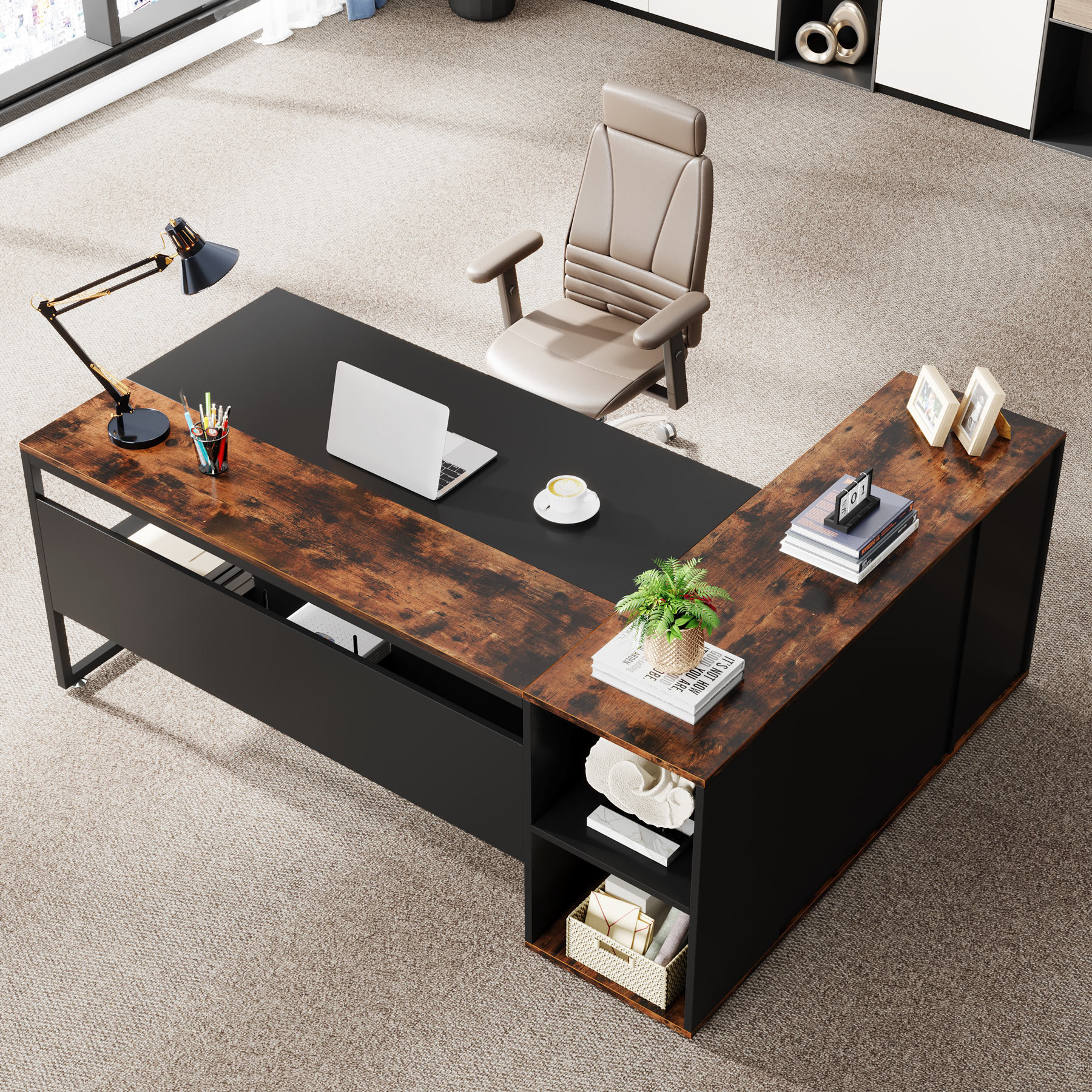 70.9 Modern Black L-Shape Executive Desk Drawers & Cabinet Large Office  Desk Right Hand