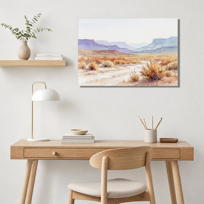 Paysage désertique à l'aquarelle avec mesas bleues, tableau sur toile, H 16 po x l 24 po
