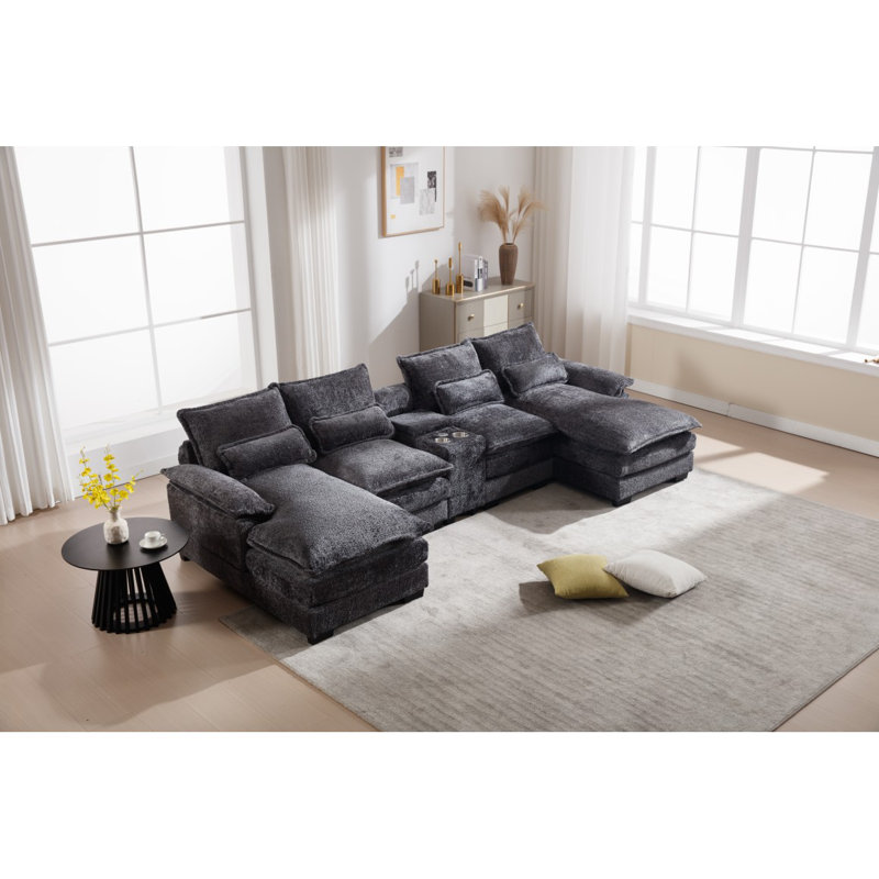 Canapé moderne en forme de U avec console, porte-gobelets et ports USB, mobilier d'intérieur symétrique rembourré à 6 places, ensemble de canapé-lit avec méridienne
