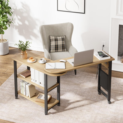 360° Rotating End Table with Charging Station 3-Tier Sofa Side Table Rolling Couch End Table with Storage Bag, 6 Swivel Wheels with Brakes, Wood Color