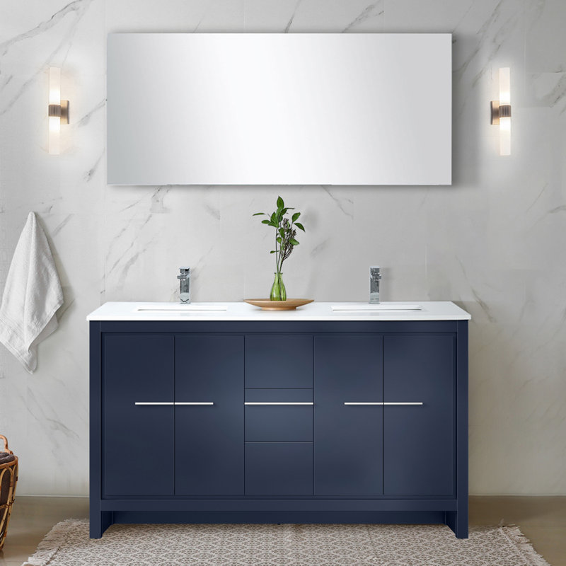 Ensemble de meuble-lavabo double 60 po X P 20 po D, dessus en quartz blanc et robinet chromé, Chrome chrome, Marine