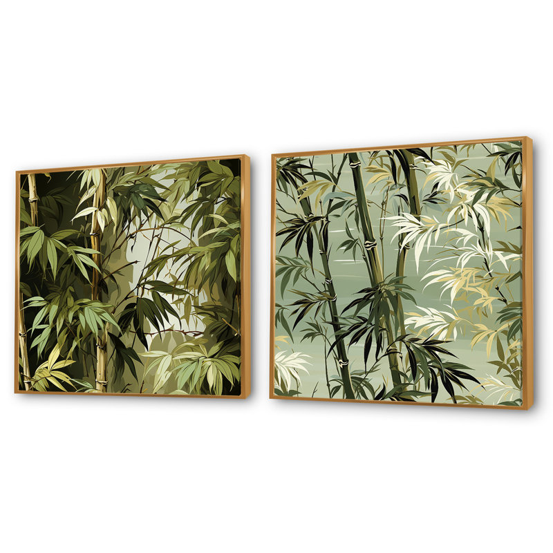 Bamboo Retreat - motif tropical - ensemble de 2 collages carrés tropicaux, Cadre flottant doré, H 30 po x l 61 po