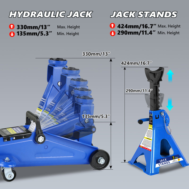 Cric de plancher de 2 tonnes avec roues, levage sûr et rapide, adapté pour une utilisation avec des véhicules en mouvement, offrant un support stable pour diverses voitures, portée de 5,3 po / 135 mm à une hauteur maximale de 13 po / 330 mm.