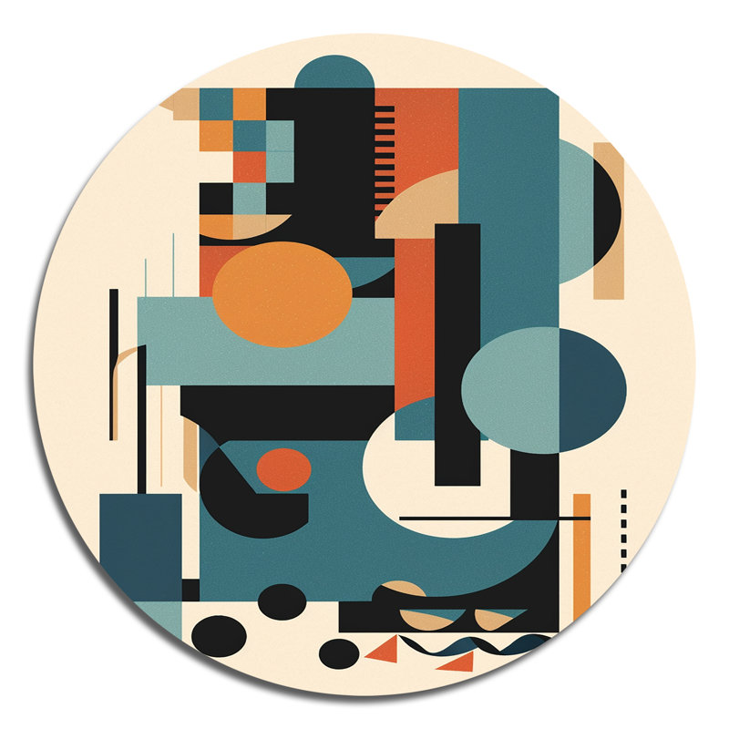 «Blue and Orange Minimalistic Symphony I», art mural rond abstrait minimalisme sur métal, H 16 po x l 16 po x P 1 po