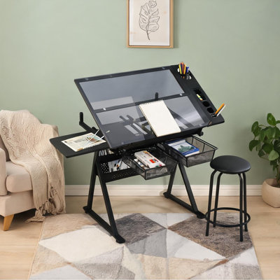 Table à dessin avec tabouret en verre trempé noir mat et acier, hauteur et inclinaison réglables, L 40,15 po x l 23,62 po x H 35,83 po