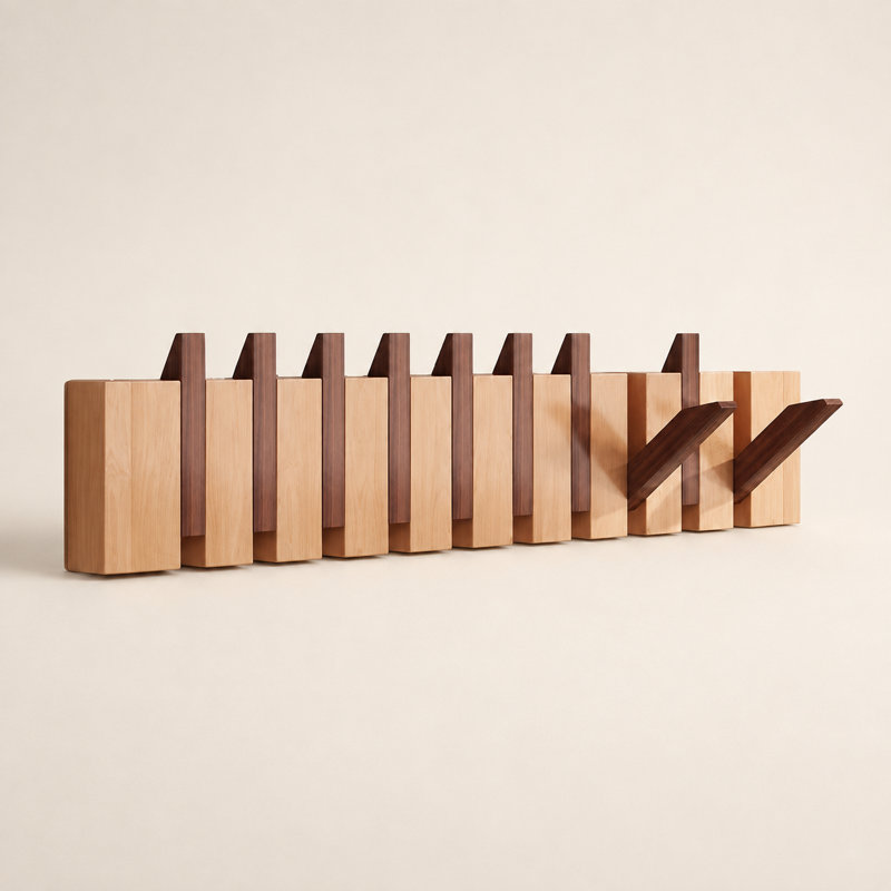 Porte-manteau mural en bois massif avec touches de piano – Crochets magnétiques rabattables avec double installation (avec ou sans perçage), cintre robuste pour entrée, chambre et salon (6/8/10 crochets, 4 couleurs)
