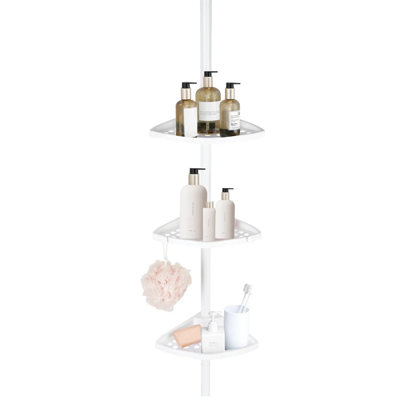 Coin de rangement antirouille pour salle de bain, organisateur de rangement de baignoire pour accessoires de shampooing, tablettes réglables à 3 ou 4 niveaux avec poteau de tension, jusqu'à 8 pieds