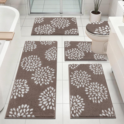 Ensemble de tapis de salle de bain floraux antidérapants 5 pièces pour salle de bain, tapis de bain en microfibre absorbant avec tapis en U pour baignoire, douche et café