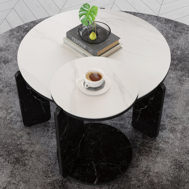 Ensemble de 2 tables basses gigognes rondes, table de bout d'appoint empilable avec plateau en pierre frittée et pieds en pierre frittée robustes pour le salon, la chambre et le petit espace, blanc