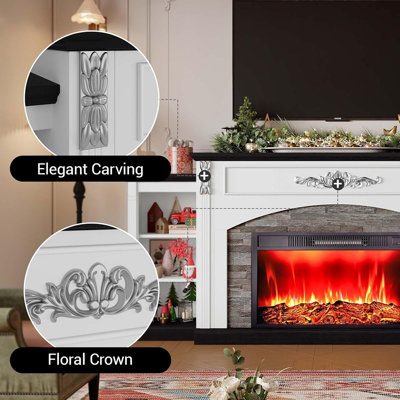 80"W Electric Fireplace Tv Stand With Mantel , Media Storage For Living Room