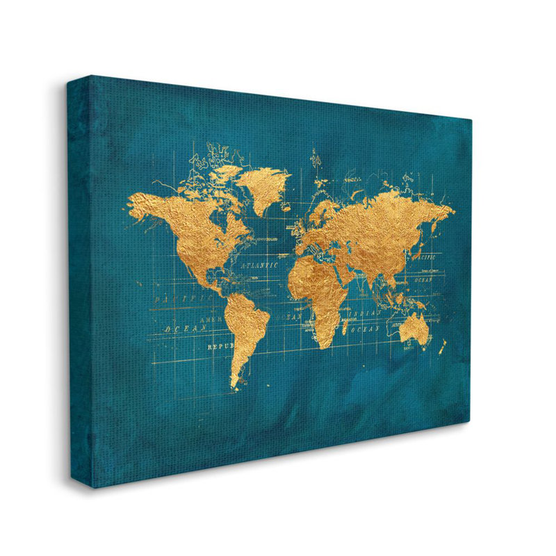 «World Map Gold Blue Texture Watercolor Map Design» par Beth Albert - impression d'art graphique, Toile tendue