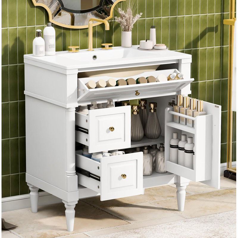 Meuble-lavabo de 30 po avec lavabo, armoire de salle de bain autoportante blanche avec tiroir rabattable et tablette réglable, structure en bois d'hévéa massif, panneaux de fibres à densité moyenne et poignées en métal
