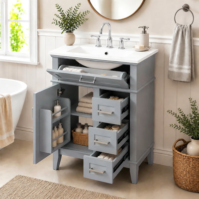 Meuble-lavabo de 24 po avec lavabo en céramique, structure en bois massif et armoire en MDF, 1 porte, tiroir rabattable et 3 tiroirs, charnières à fermeture en douceur, tablette réglable, poignées argentées