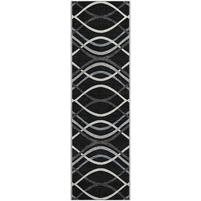 Premium Machine Washable Prisco Black Rug, Runner 2'3" x 7'6"