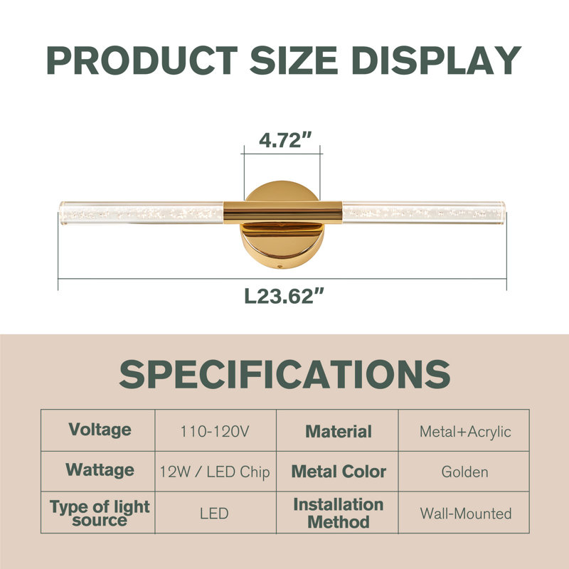 2-Light Dimmable Bathroom LED vanity light, Gold, 24" Width, 1