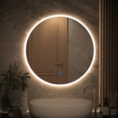 Round White-Framed Led Bathroom Mirror – Portrait Mount, Front & Back Light, Tempered Glass, 3-Color Dimmer, Plug-In/Hardwired