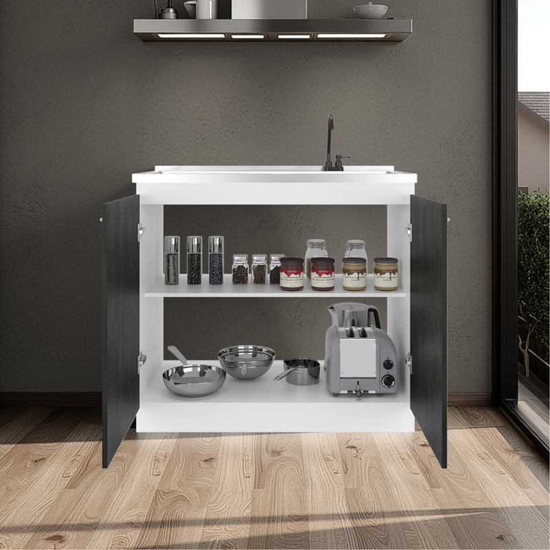 Évier utilitaire gris et blanc avec robinet en plastique inclus, surface en acier inoxydable intégrée, armoire autoportante, deux tablettes intérieures pour le garage, les espaces de travail, les cuisines et les espaces de travail