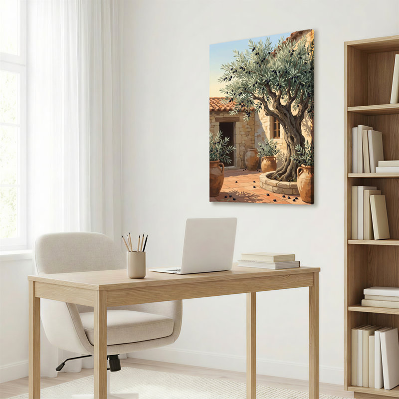 Ensemble de 1 tableau sur toile tendue représentant un olivier et une maison en pierre, 2030