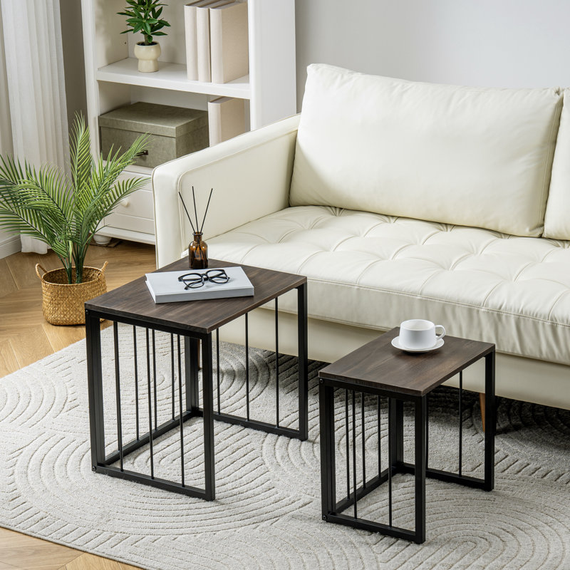 Set of 2 Industrial Farmhouse Nesting Side Tables – Burnt Wood Tops with Black Metal Frame
