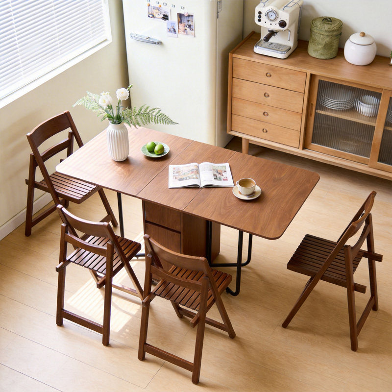 Mid-Century Wood Folding Dining Table, 150cm Walnut with Casters, 2 Drawers and Legs