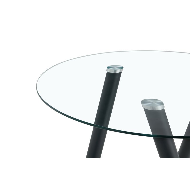35" Round Glass Top Dining Table for 4 with Metal Base, for Kitchen and Small Spaces, Black, Transparent