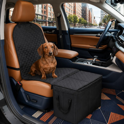 A Small front-or-back dog seat extender with storage organizer, measuring 27.5"x19"x22" and providing waterproof, scratch-proof coverage for cars, trucks, and SUVs.